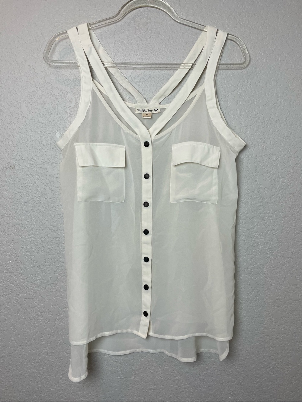 Double Zero Cream Button-Front Sleeveless Strappy Sheer Blouse Size M